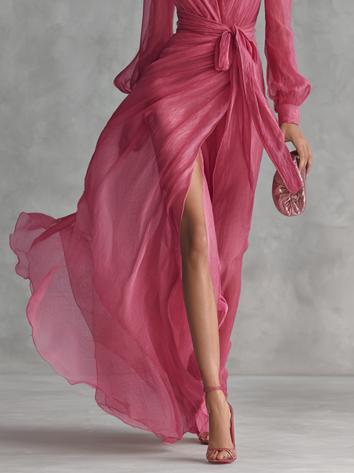 Elegant Pearl Chiffon V-Neck Maxi Dress