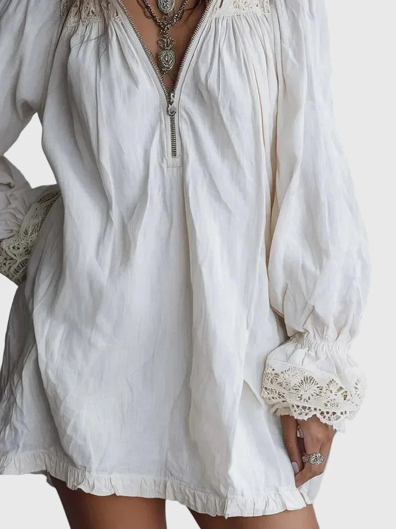 Carissa | Vintage-style Zip-up Collar Lace-trimmed White Mini Dress