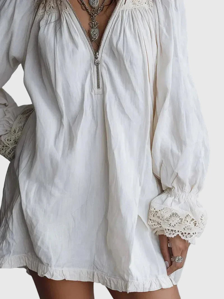 Carissa | Vintage-style Zip-up Collar Lace-trimmed White Mini Dress