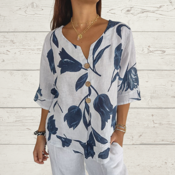 Despoina | Elegant Floral Print Top With Buttons