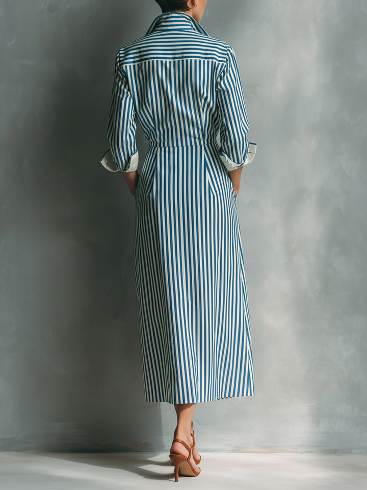 Blue And White Cotton Blend Striped Shirt Dress With Red Chest Pocket