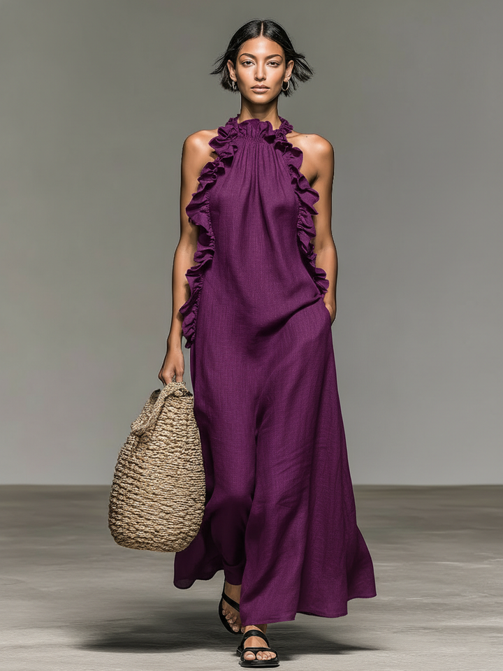 Linen Sleeveless Ruffle Maxi Dress