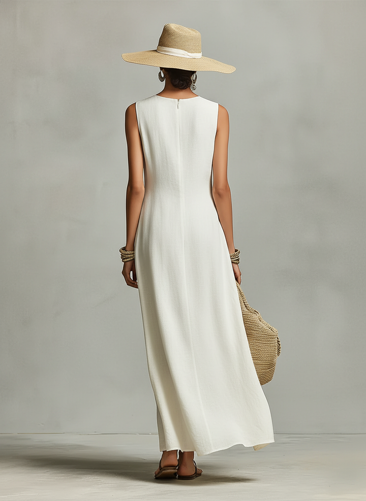 Sleeveless  Asymmetric Hem Ivory Breathable Linen Dress