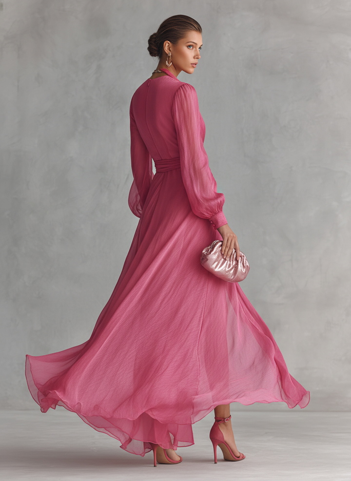 Elegant Pearl Chiffon V-Neck Maxi Dress