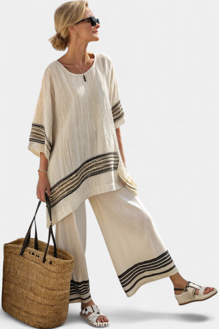 Danielle | Elegant Black-Striped Linen Top & Flowing Pants