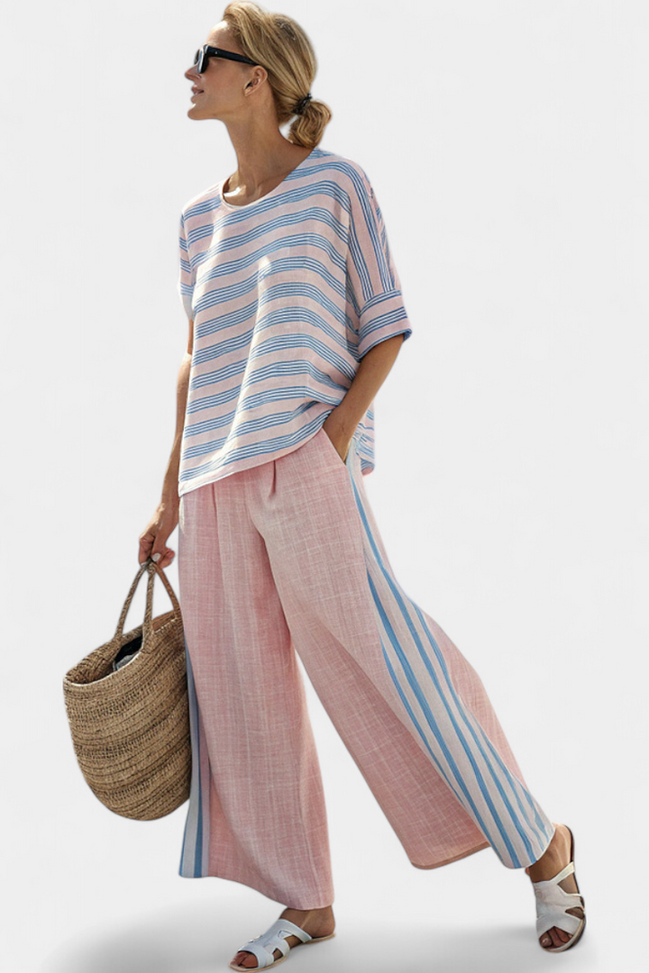 Aria | Elegant Pink-Blue Linen Blouse & Soft Pants