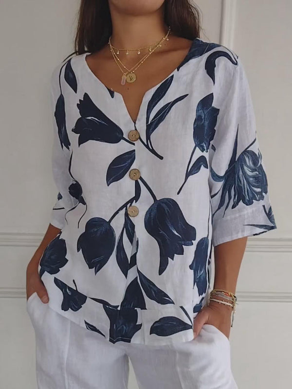Despoina | Elegant Floral Print Top With Buttons