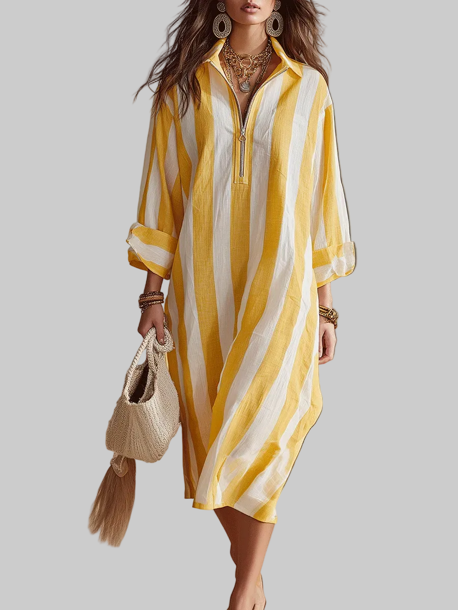 Elowen | Resort Yellow & White Stripe Midi Dress
