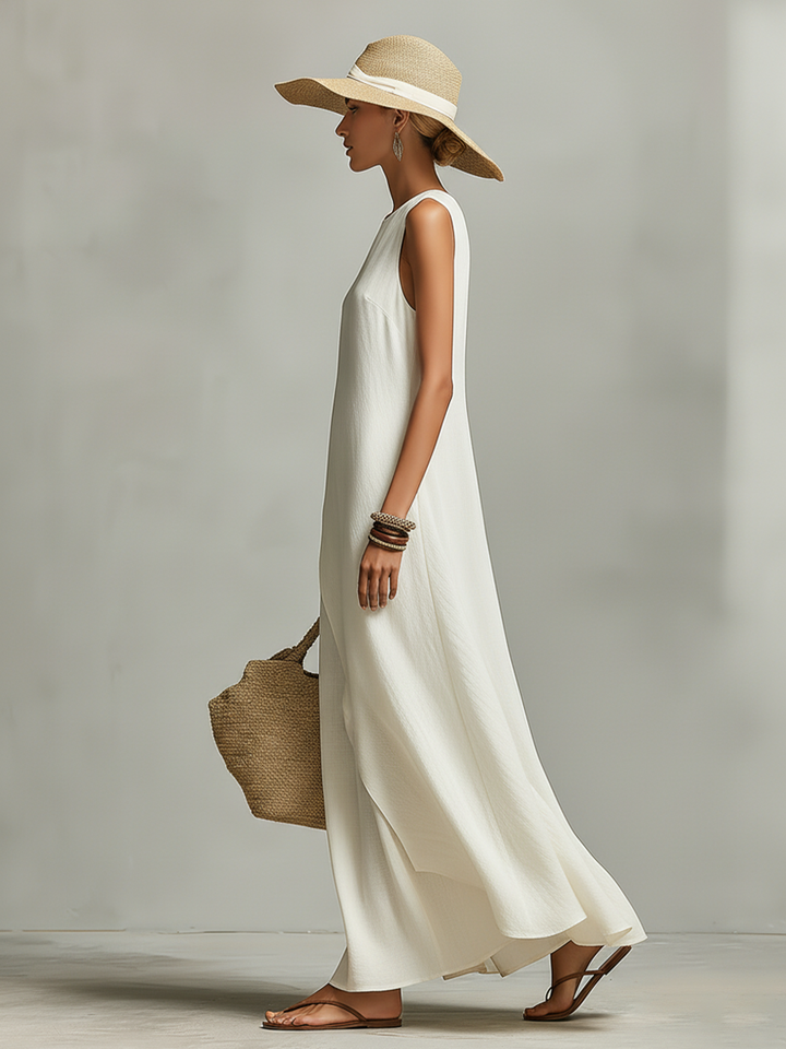 Sleeveless  Asymmetric Hem Ivory Breathable Linen Dress