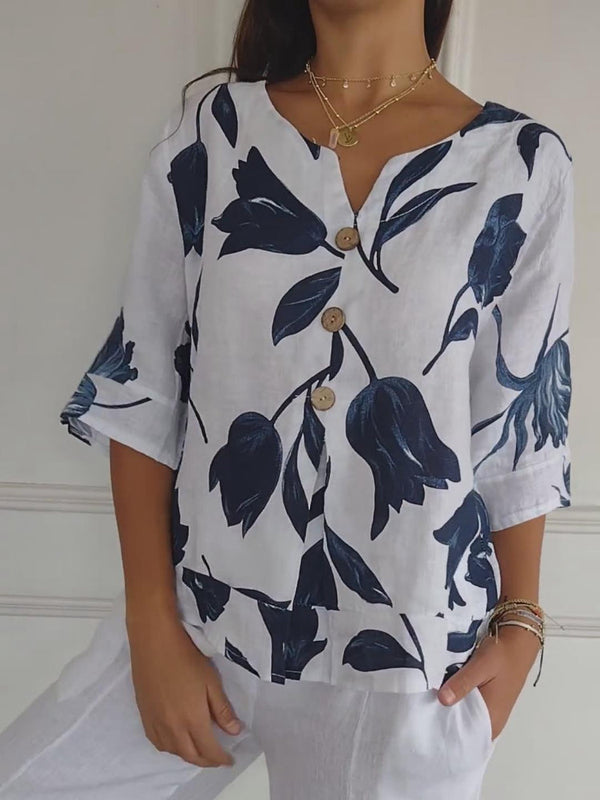 Despoina | Elegant Floral Print Top With Buttons