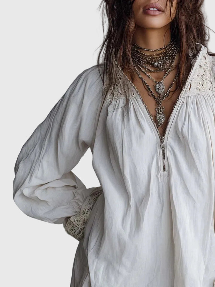 Carissa | Vintage-style Zip-up Collar Lace-trimmed White Mini Dress