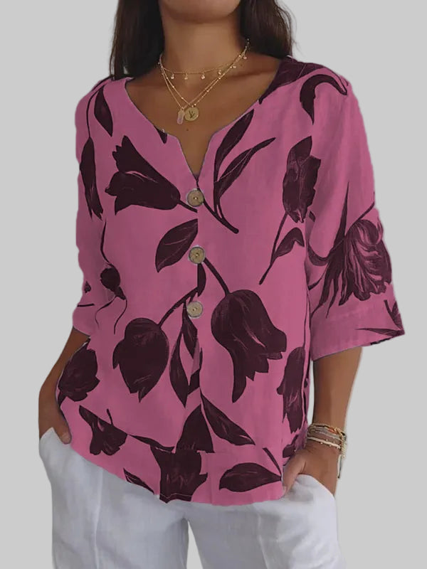 Despoina | Elegant Floral Print Top With Buttons