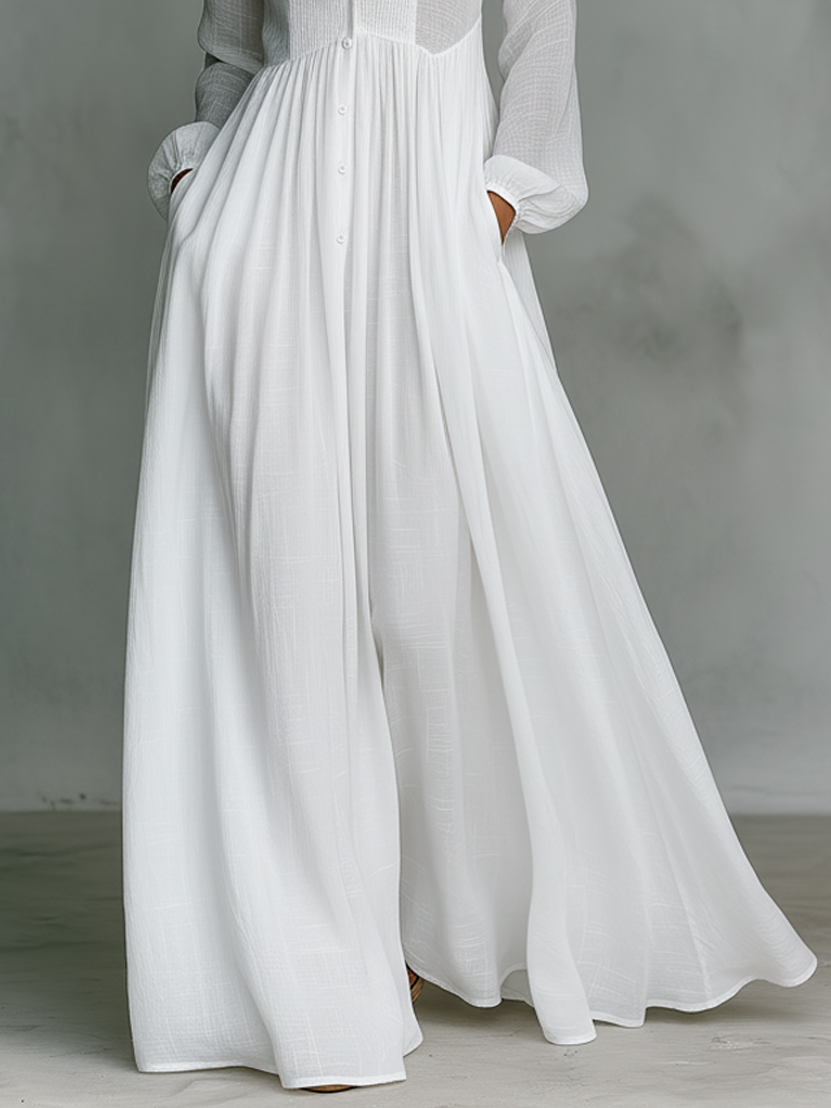 Women's Minimalist Cotton And Linen Patchwork Single-breasted Stand-up Collar Long-sleeved Maxi Dress MDA0658K6Y