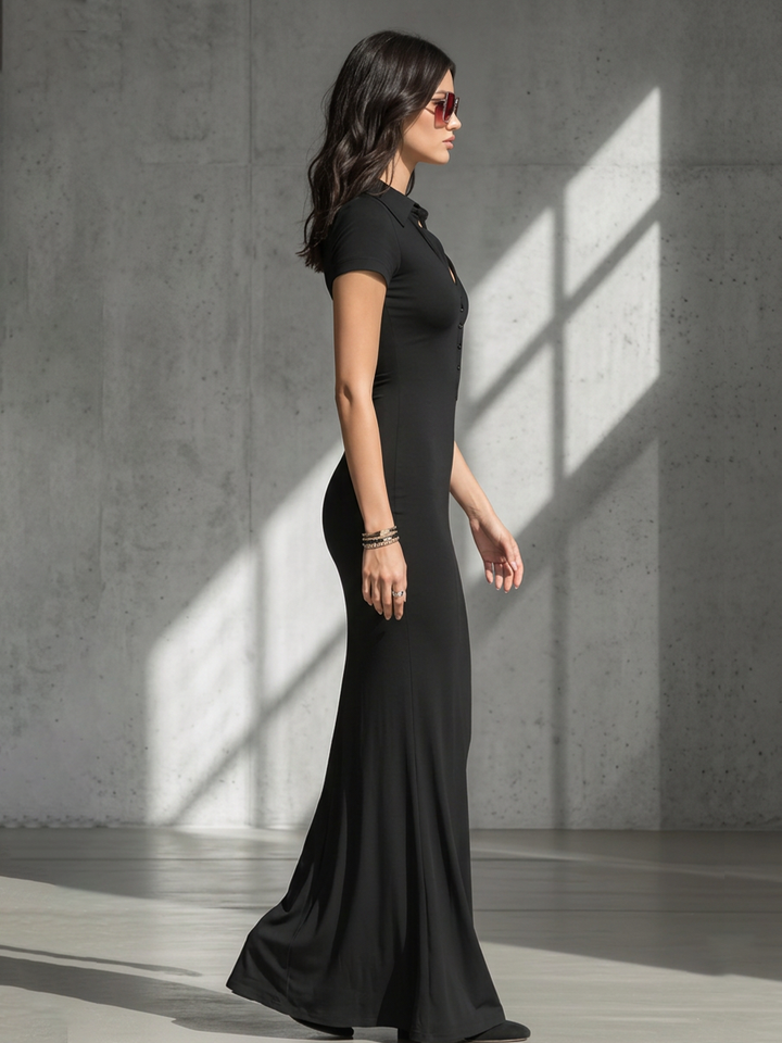 Women's Solid Black Soft Jersey Floor Dress With V Neck Henley Buttons & Figure-Hugging Silhouette, Modern Minimalist Casual Formal Maxi Dress MDZ2617F2LYL