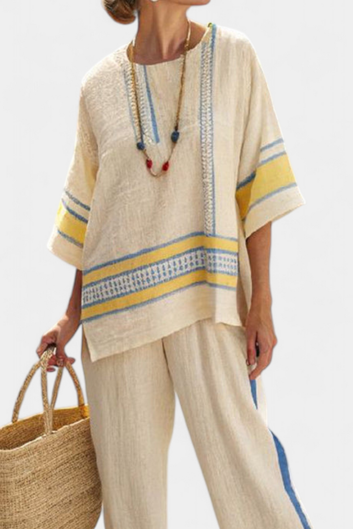 Clara | Comfortable Blue-Yellow Mediterranean Top & Linen Pants