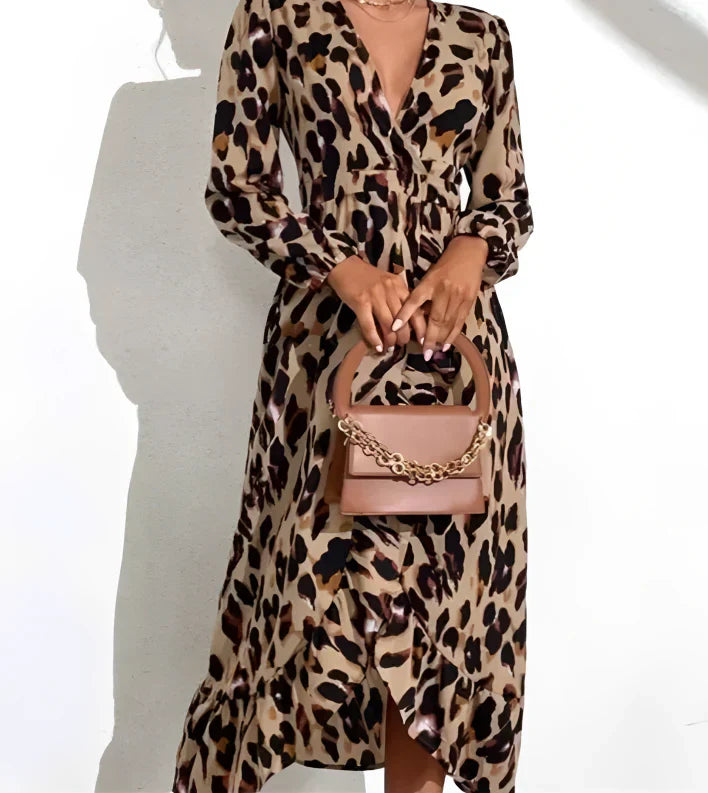 Nina™ | V-Hals Jurk met Luipaardprint