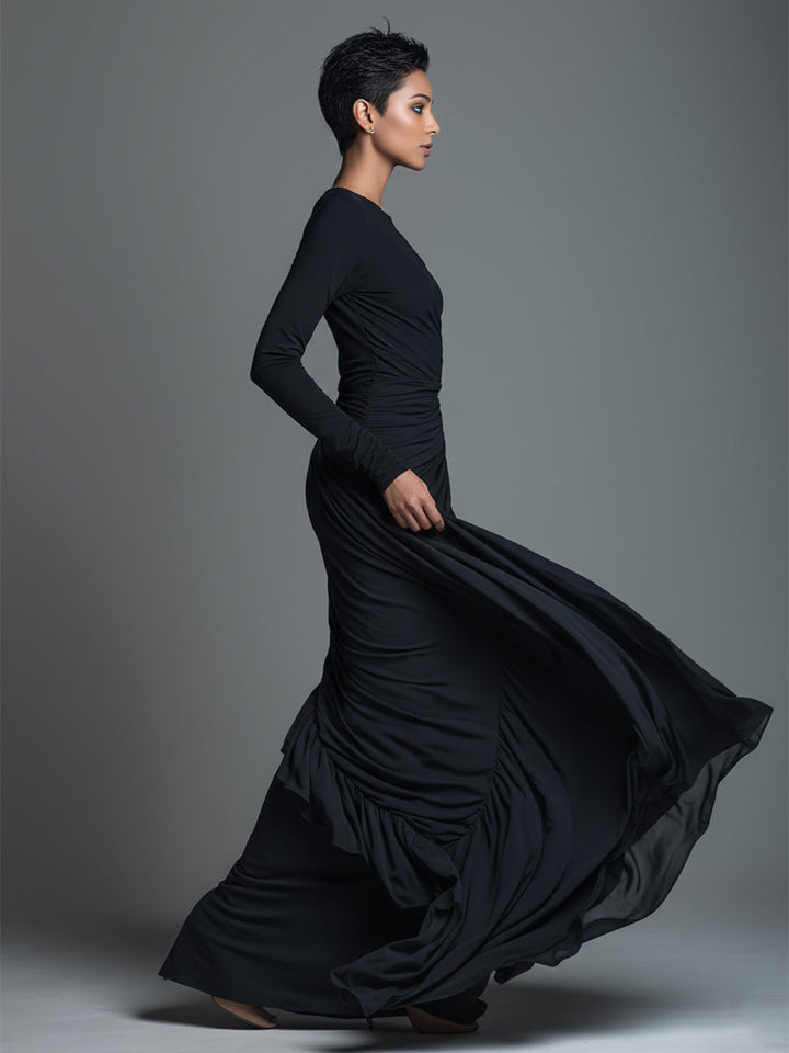 Women's Black Elegant Jersey Knit Ruched Maxi Dress MDA1541H1I