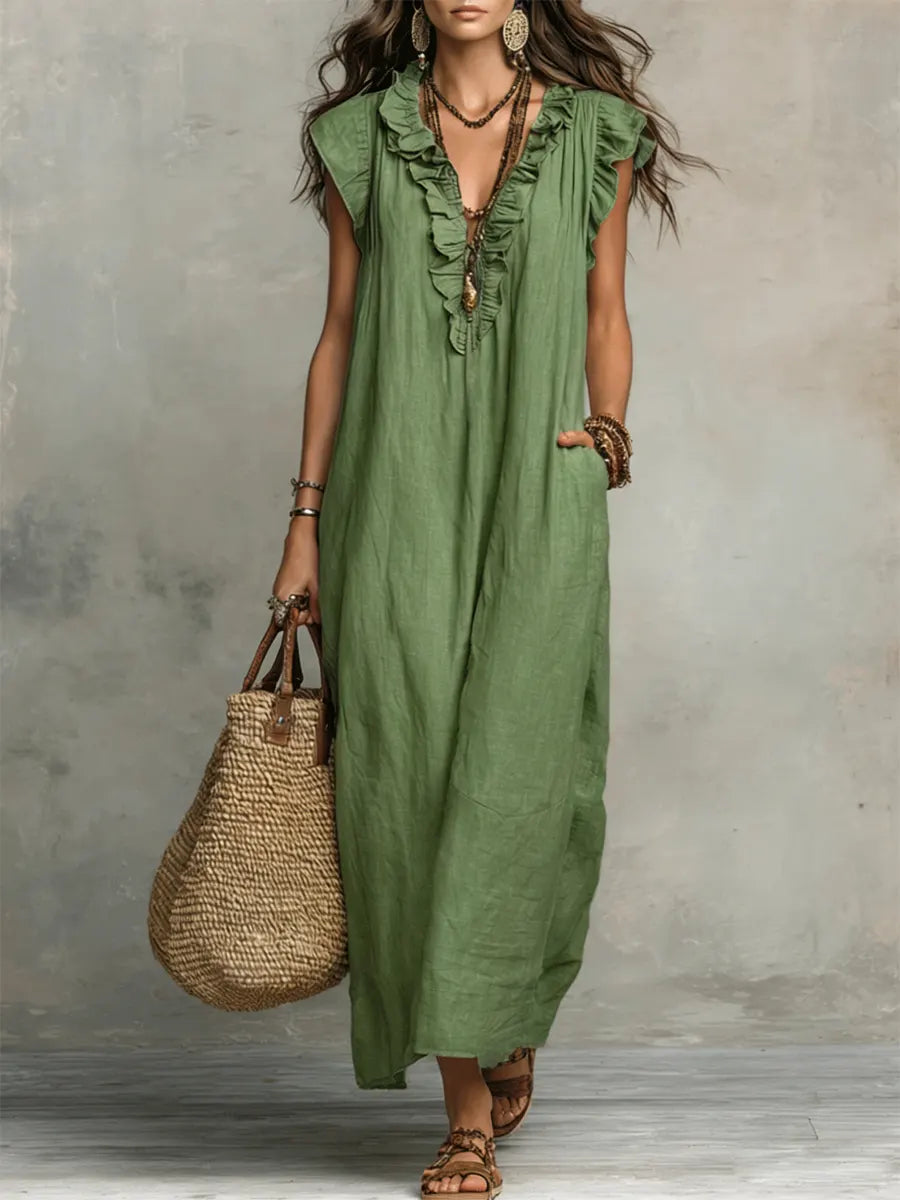 Maud™ | Boho Maxi Jurk van Linnen en Katoen